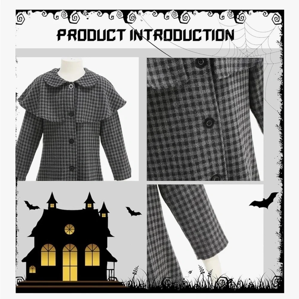 NWT Wednesday Adams Inspired Plaid Long Coat for Kids Cosplay Halloween